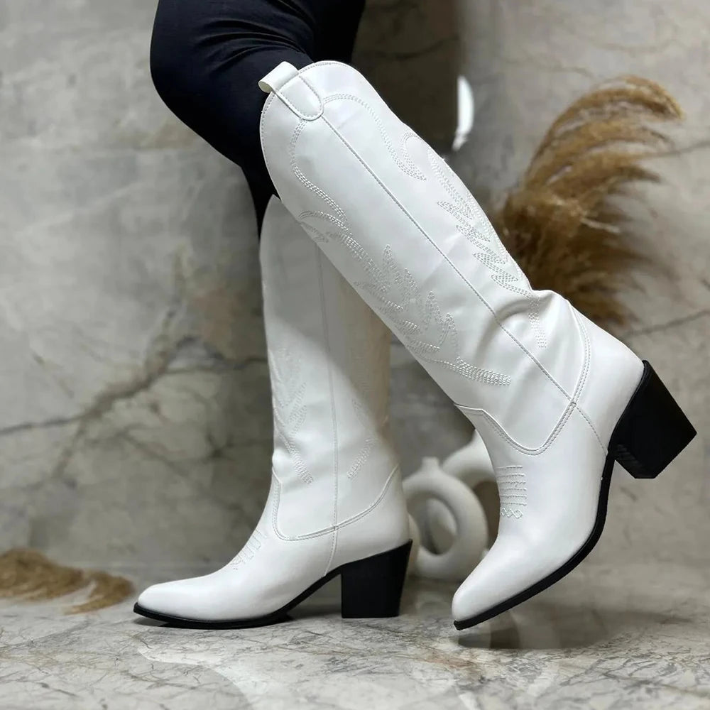 Embroidered Thick Heeled Western Boots