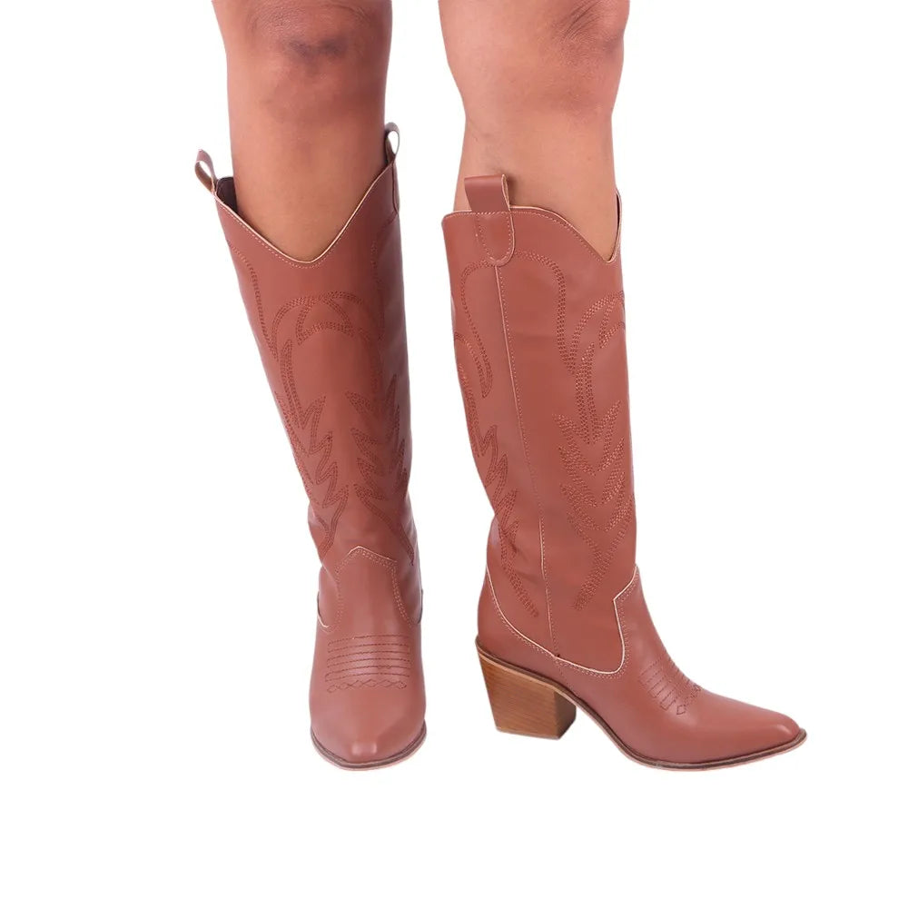 Embroidered Thick Heeled Western Boots