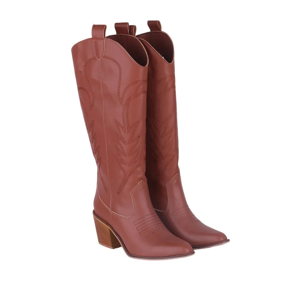 Embroidered Thick Heeled Western Boots