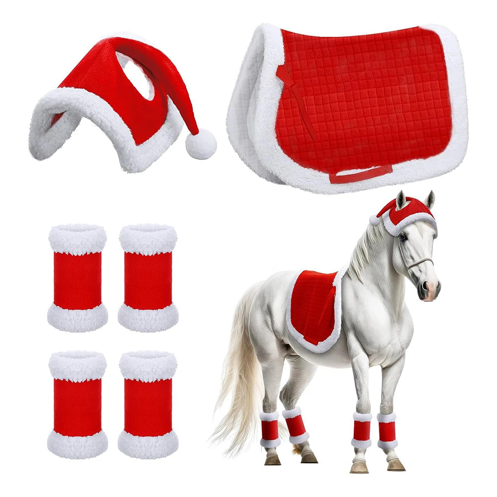 6Pcs Christmas Santa Leg Wraps Horse Hat Saddle Pad Santa Hat Saddle Pads Leg Wraps for Christmas Horse Costume Accessories