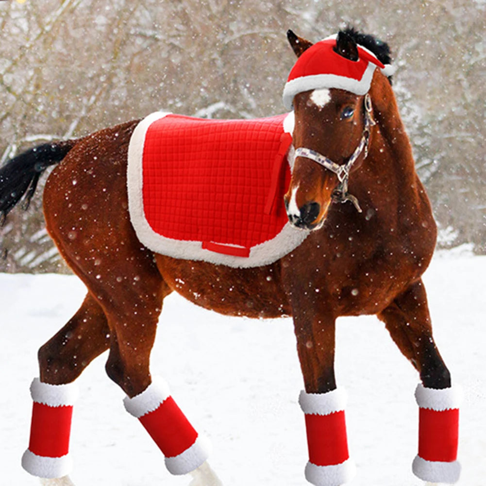 6Pcs Christmas Santa Leg Wraps Horse Hat Saddle Pad Santa Hat Saddle Pads Leg Wraps for Christmas Horse Costume Accessories