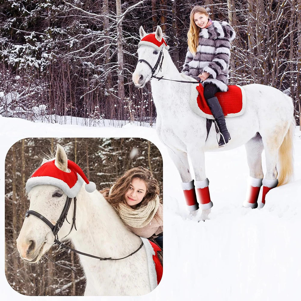 6Pcs Christmas Santa Leg Wraps Horse Hat Saddle Pad Santa Hat Saddle Pads Leg Wraps for Christmas Horse Costume Accessories