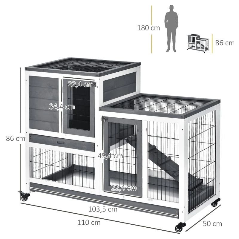 Wooden Indoor Elevated Rabbit Hutch With Wheels For Rabbits, Guinea Pigs
