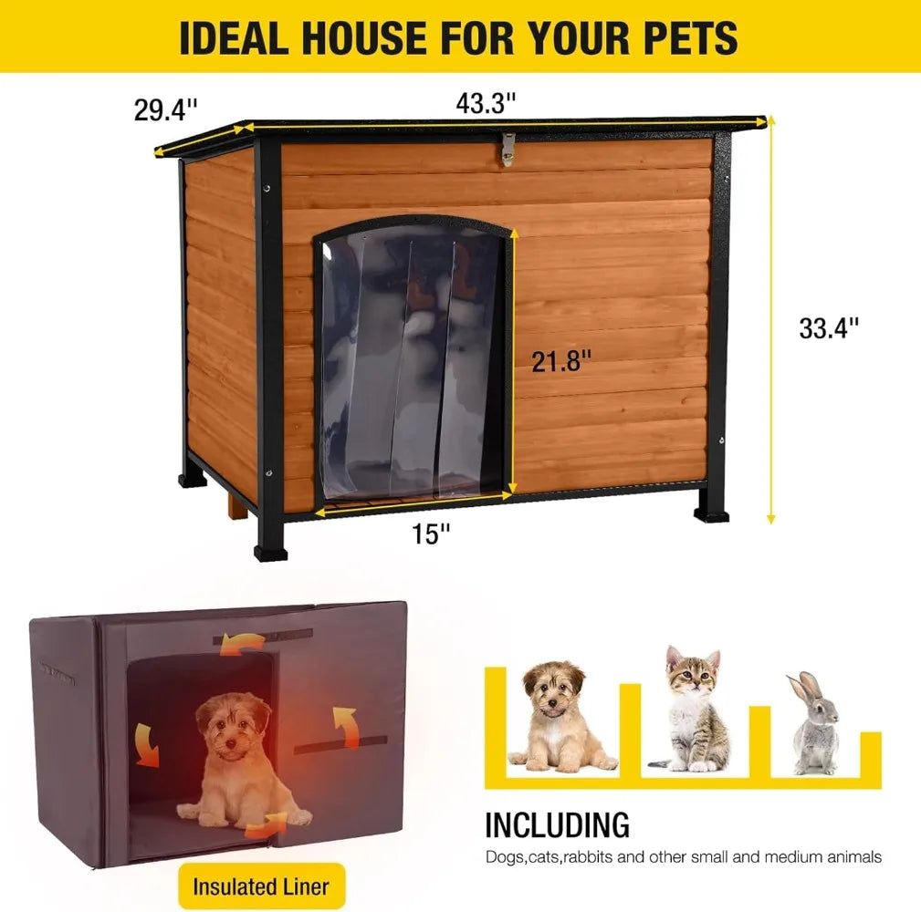 Insulated Outdoor Dog House with Liner Wooden Dog Kennel All-Around Iron Frame Waterproof