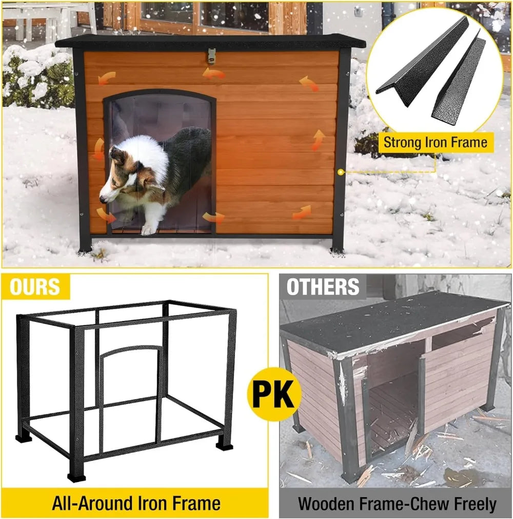 Insulated Outdoor Dog House with Liner Wooden Dog Kennel All-Around Iron Frame Waterproof