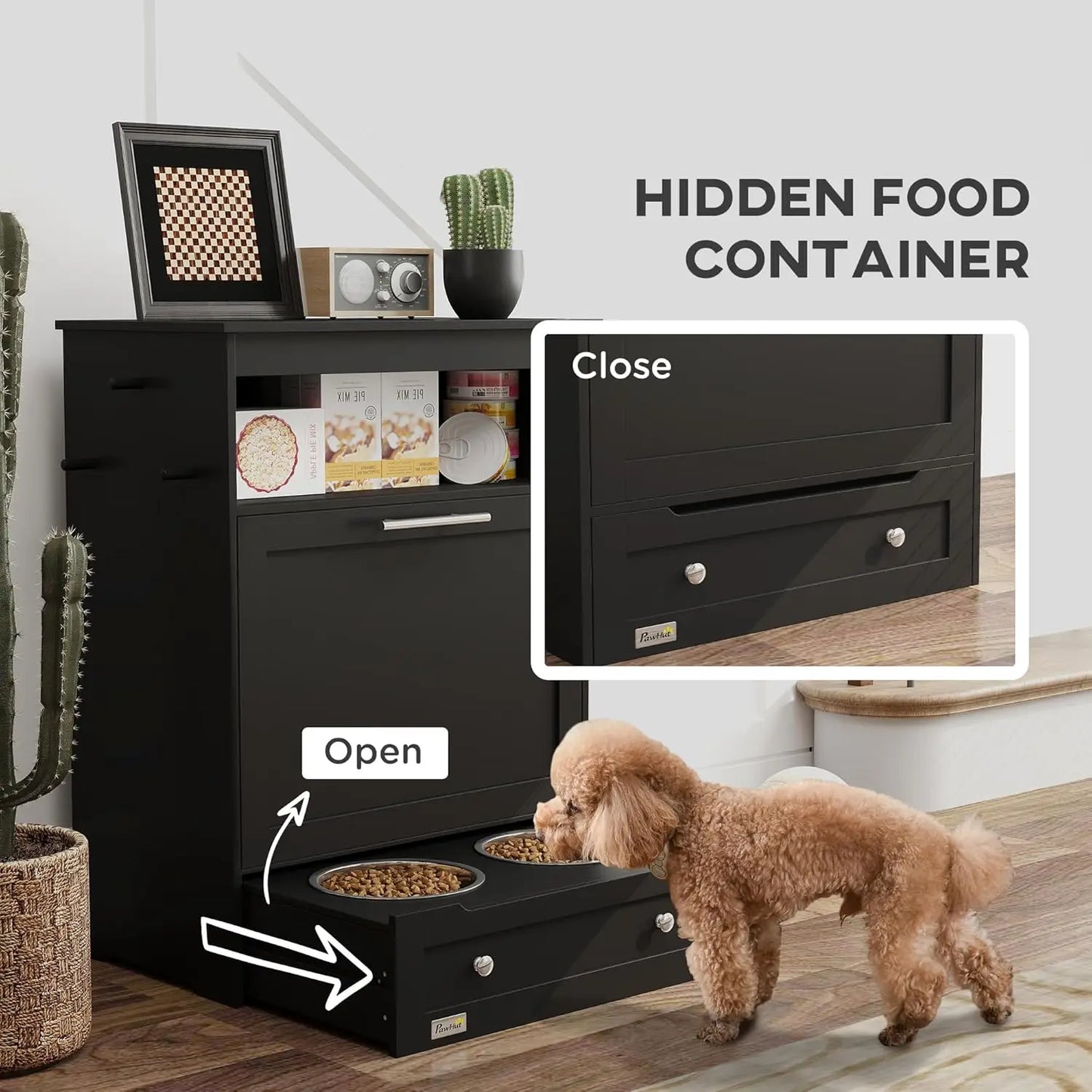 Dog Feeding And Storage Cabinet with Raised Bowls