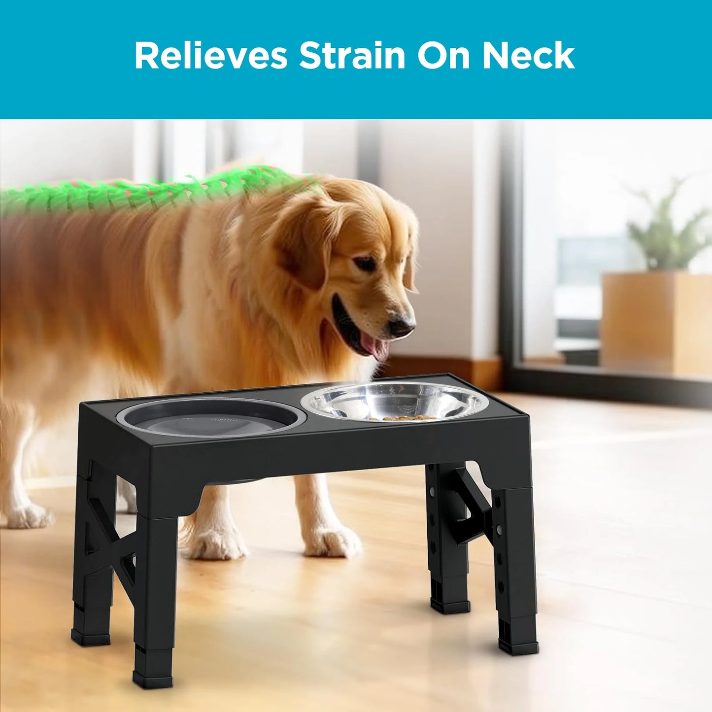 5 Adjustable Heights Raised Dog Bowl Stand with 1 Stainless Steel Food & Dog Water Bowl, Dog Bowls for Large Dogs& Cats (Black)