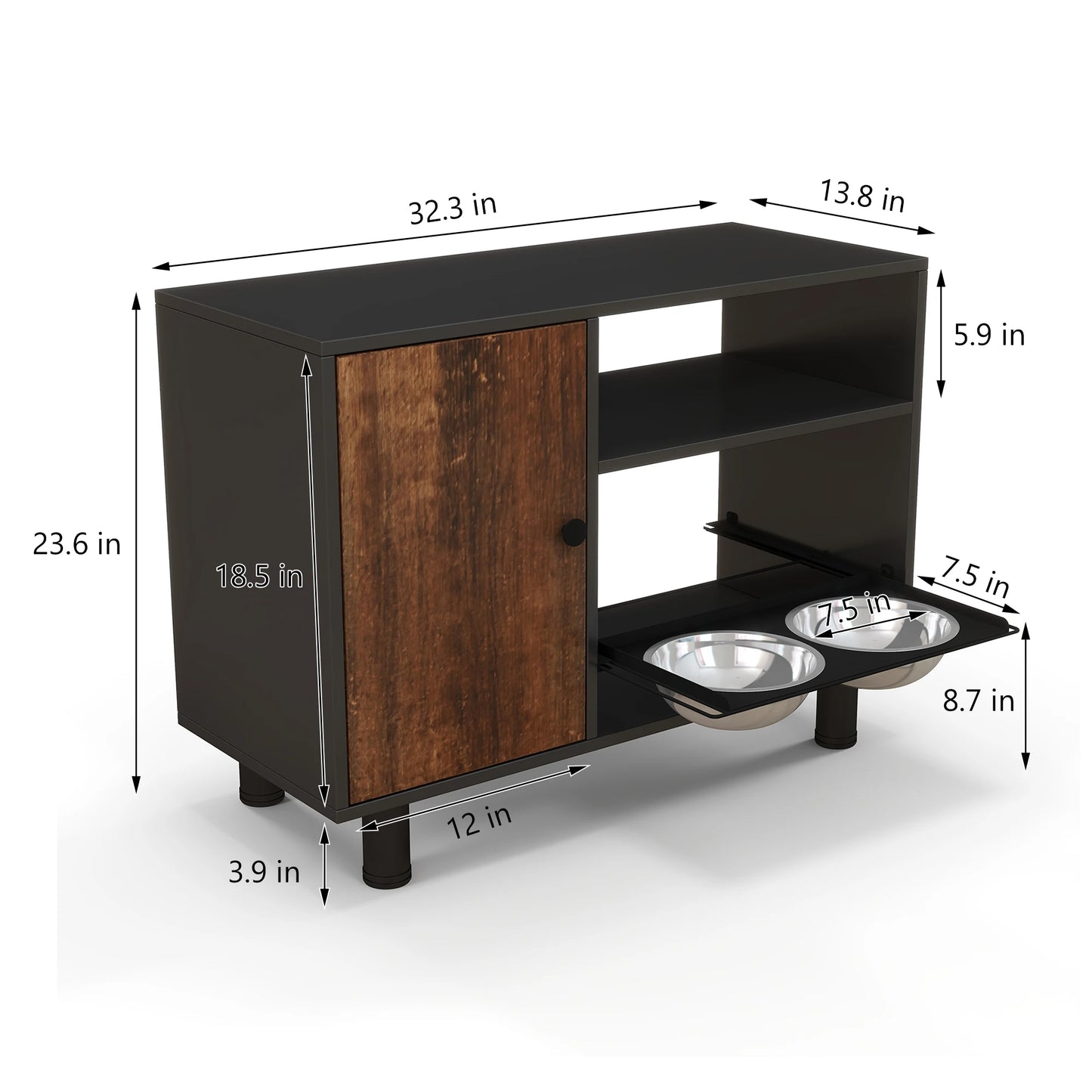 Large Pet Feeding and Storage Cabinet with Stainless Steel Bowls