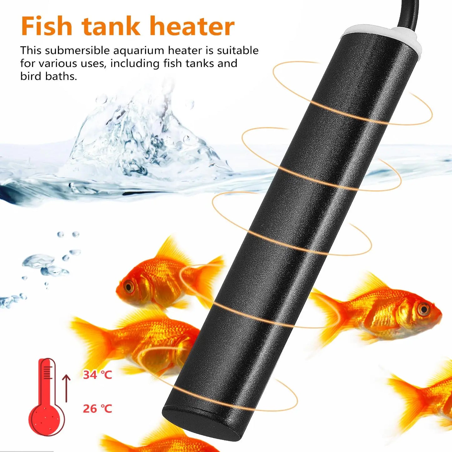 Adjustable Submersible Fish Tank Heater 50W Temperature Controller 26-34°C Fish Tank Heating Rod With US Plug