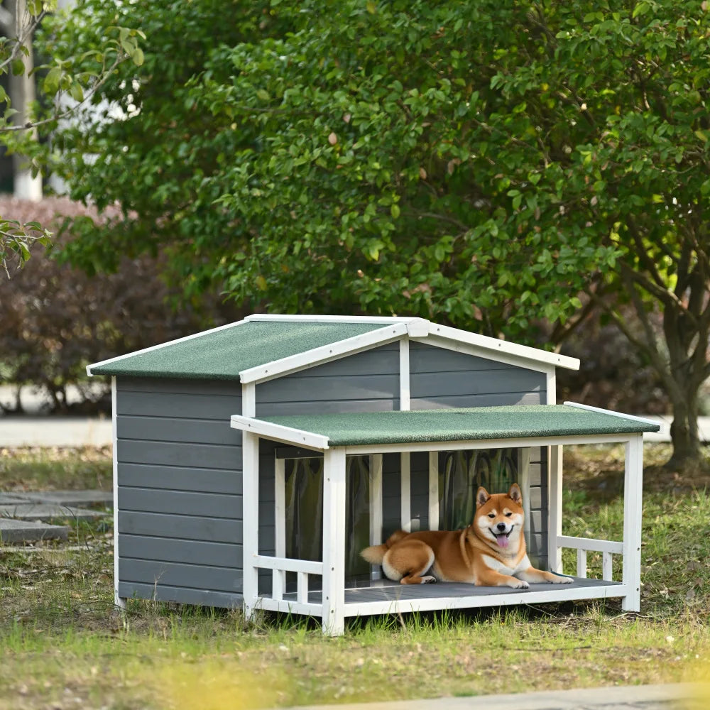 Wooden Dog House With Porch, Indoor/Outdoor, Medium
