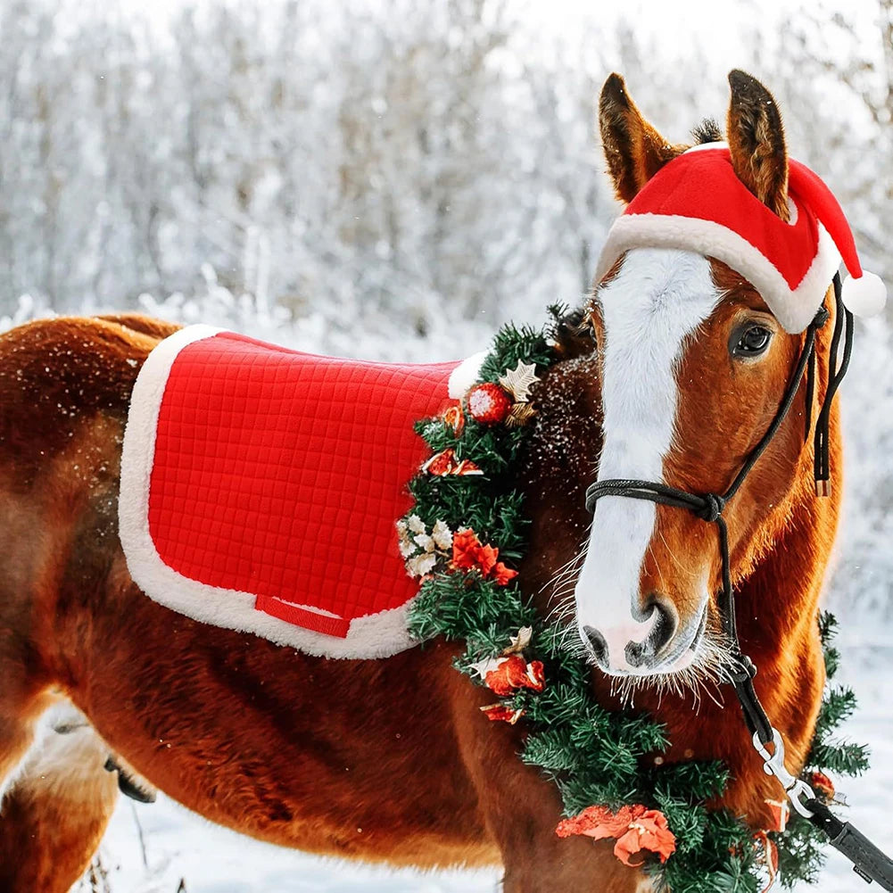 6Pcs Christmas Santa Leg Wraps Horse Hat Saddle Pad Santa Hat Saddle Pads Leg Wraps for Christmas Horse Costume Accessories