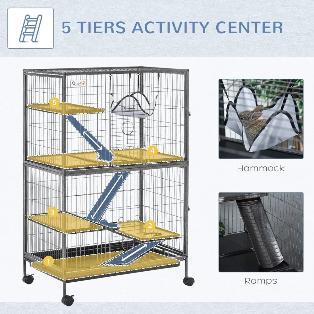 50" 5-Tier Small Animal Cage, Ferret Cage, Large Chinchilla Cage with Hammock Accessory & Heavy-Duty Steel Wire, Small An