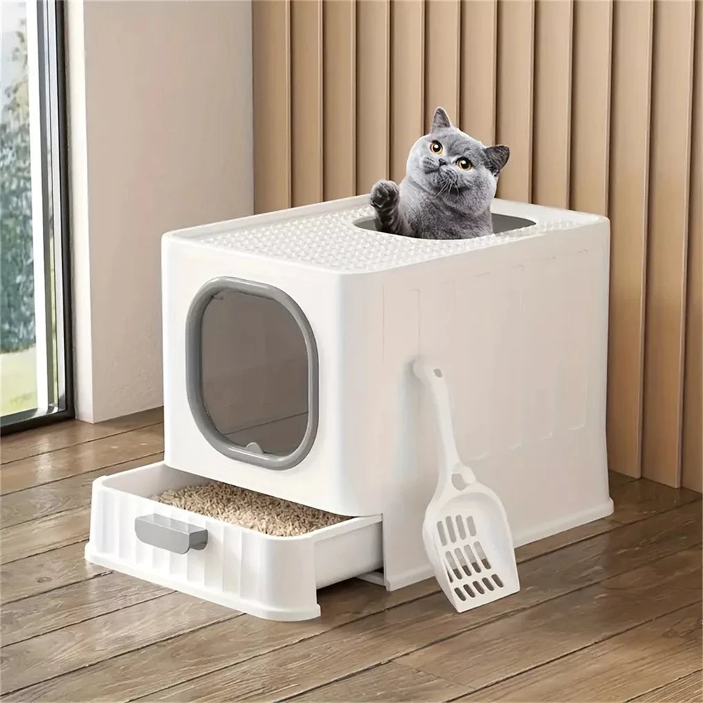 Leak-proof Enclosed Cat Litter Box With Pull Drawer