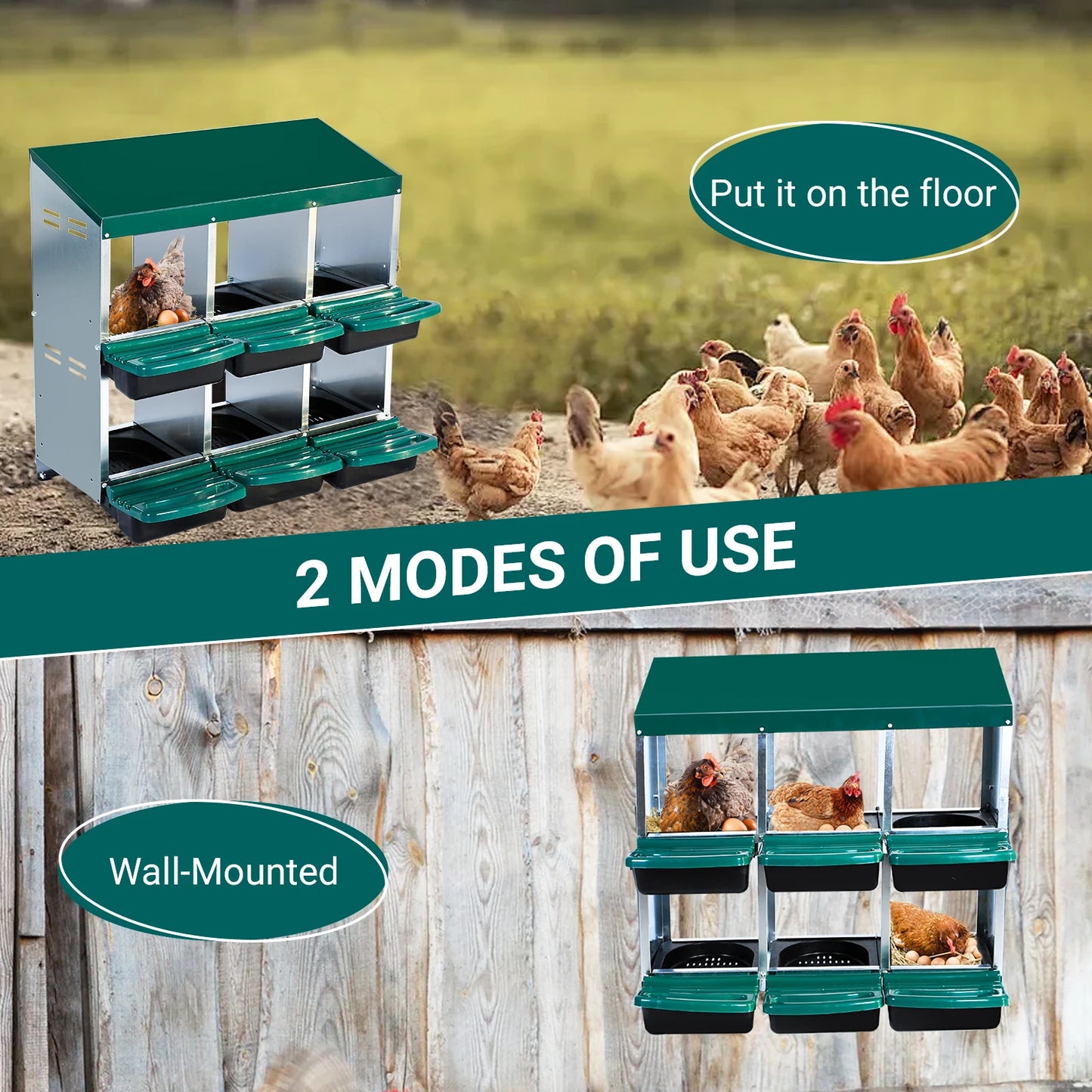 Layer Hen Nesting Boxes, 6 Boxes, 2 Story With Roll Away Eggs
