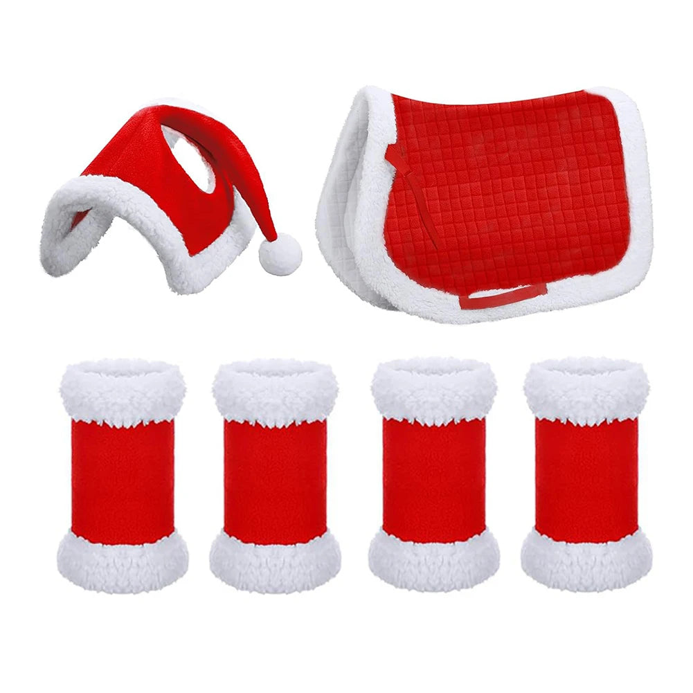 6Pcs Christmas Santa Leg Wraps Horse Hat Saddle Pad Santa Hat Saddle Pads Leg Wraps for Christmas Horse Costume Accessories