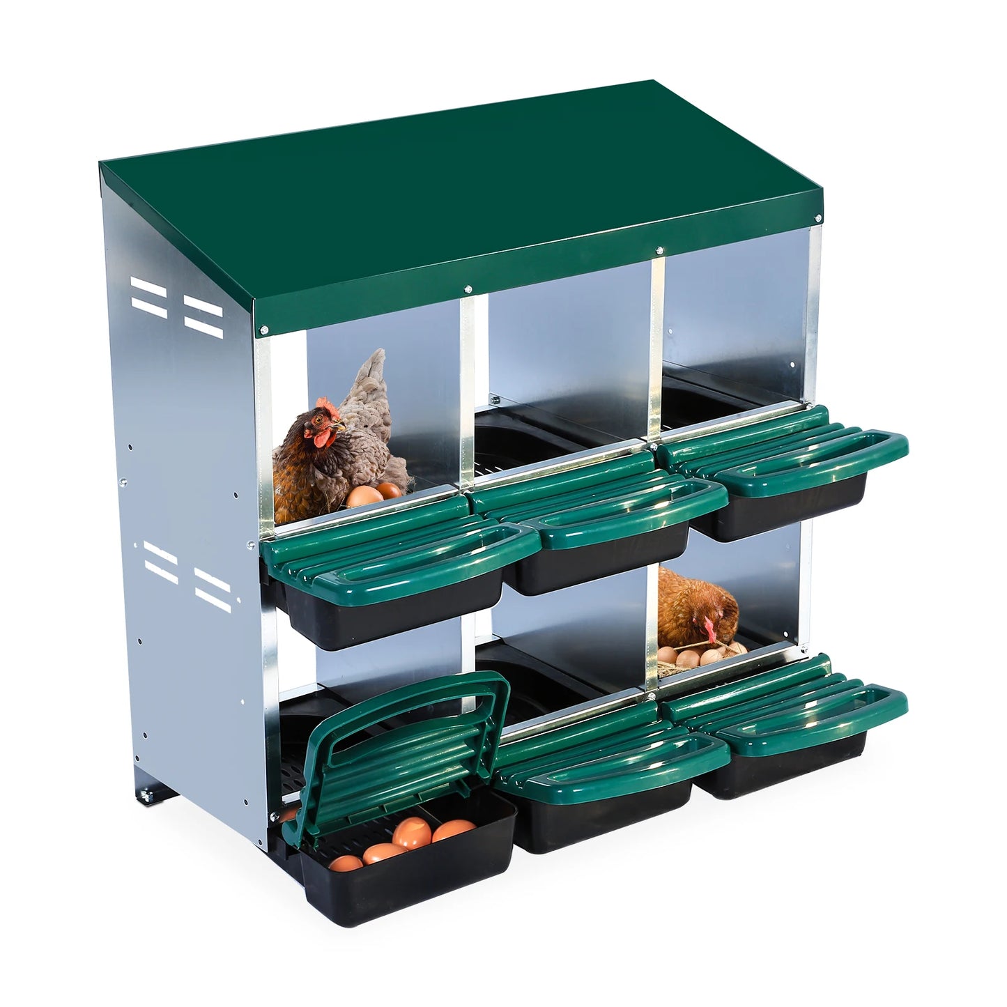 Layer Hen Nesting Boxes, 6 Boxes, 2 Story With Roll Away Eggs