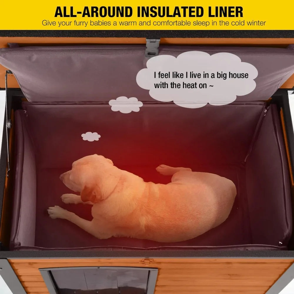 Insulated Outdoor Dog House with Liner Wooden Dog Kennel All-Around Iron Frame Waterproof
