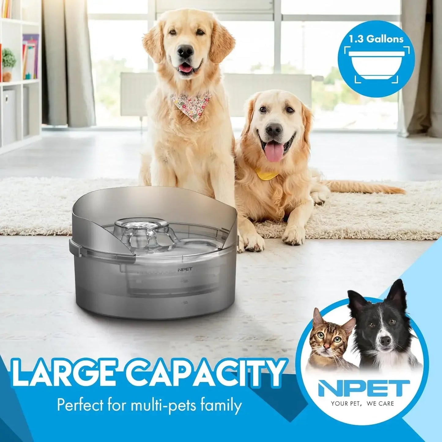 Pet Water Fountain, Large Automatic Dog Water Bowl with Splatter Guard