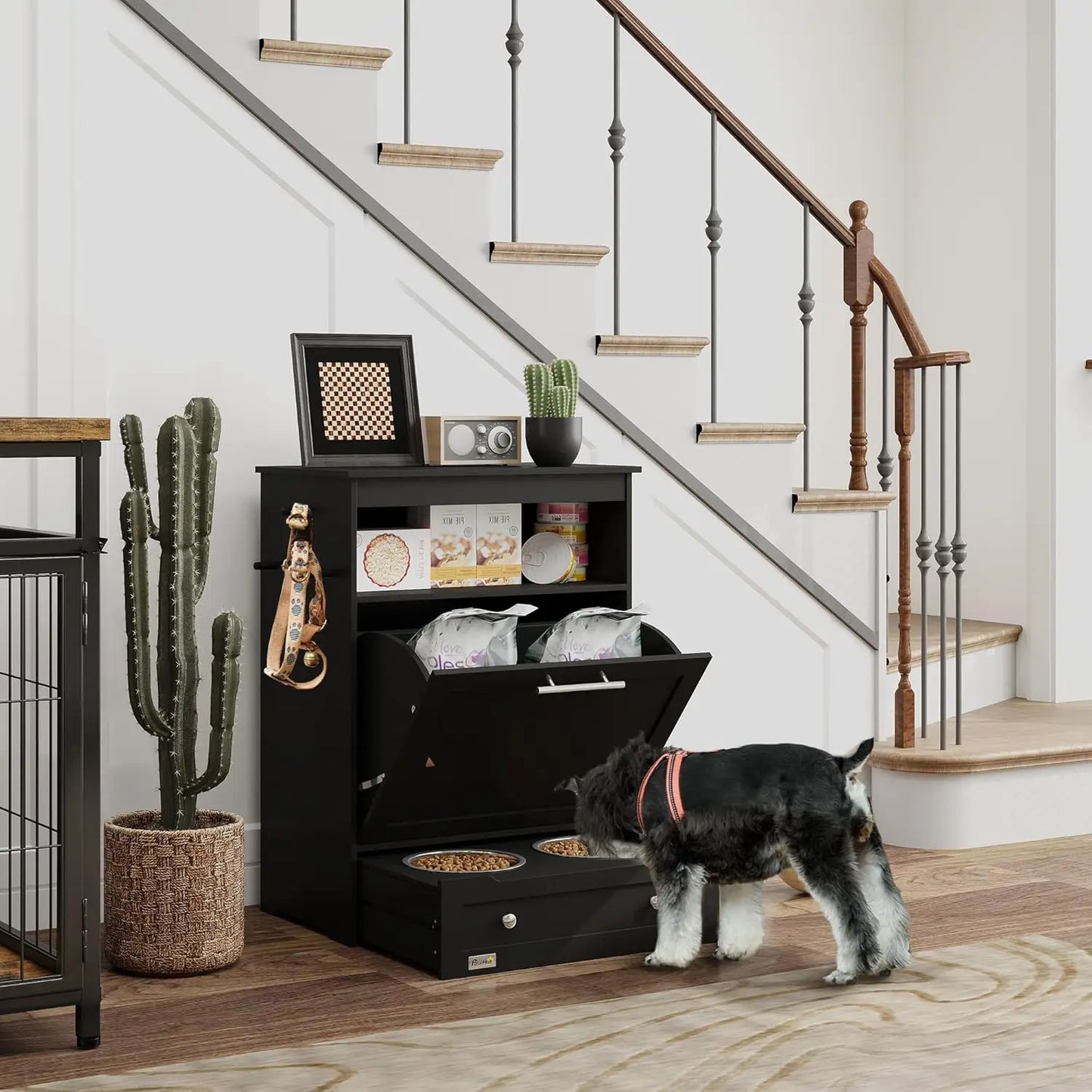 Dog Feeding And Storage Cabinet with Raised Bowls