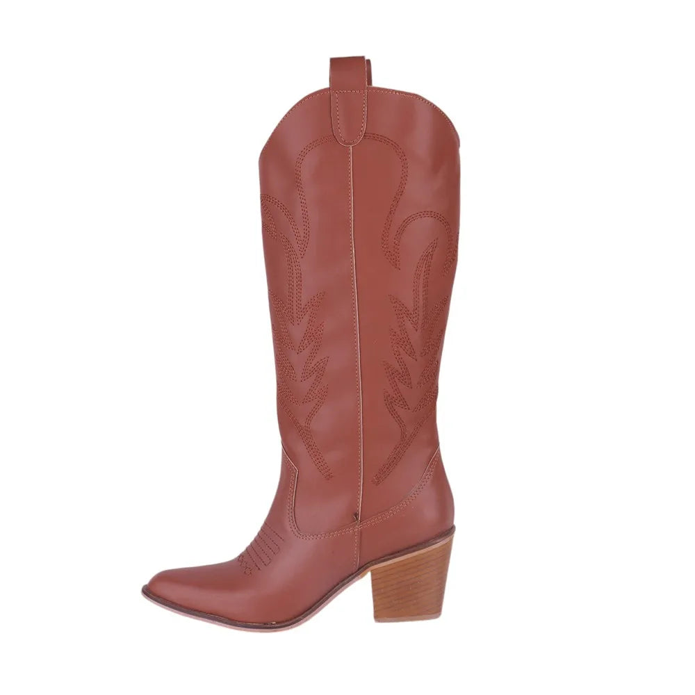Embroidered Thick Heeled Western Boots