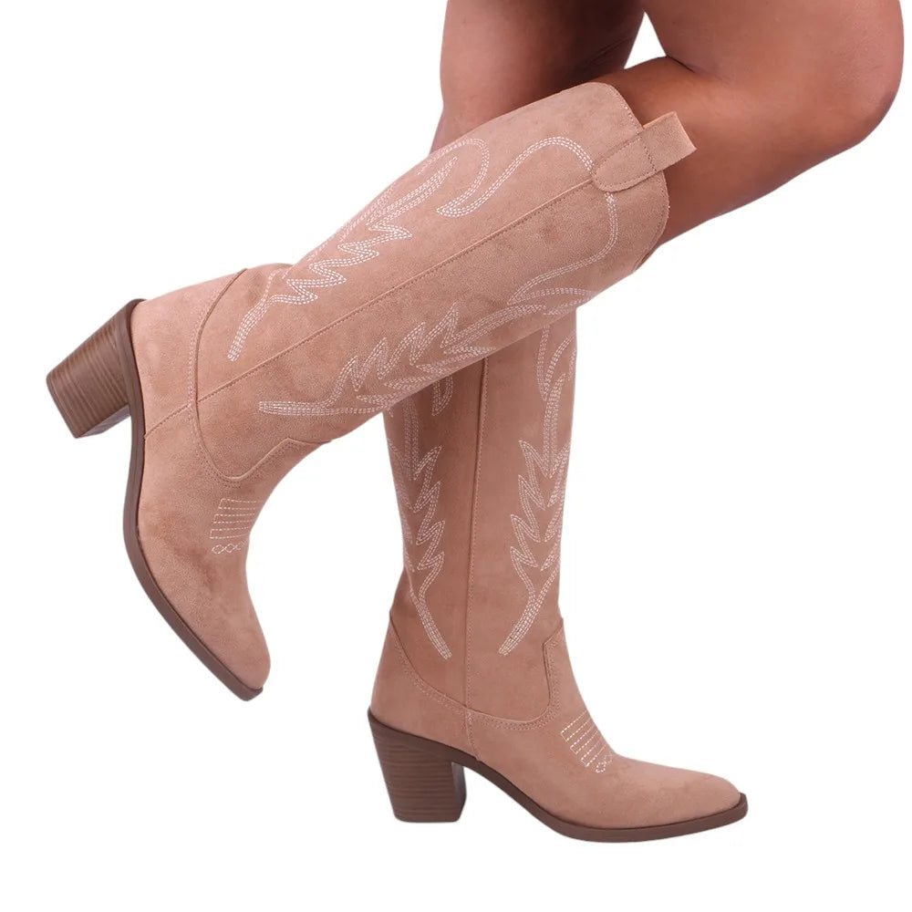 Embroidered Thick Heeled Western Boots
