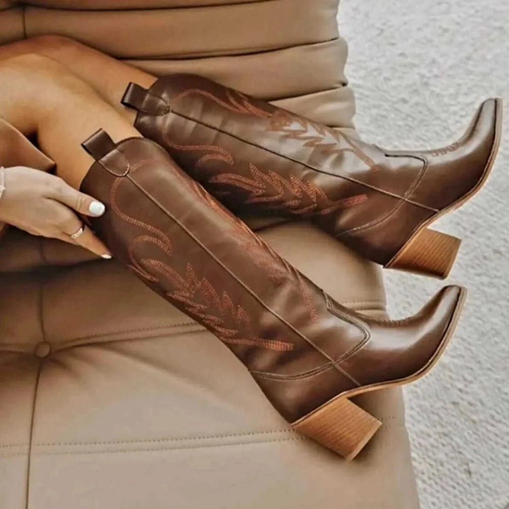 Embroidered Thick Heeled Western Boots