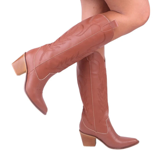 Embroidered Thick Heeled Western Boots
