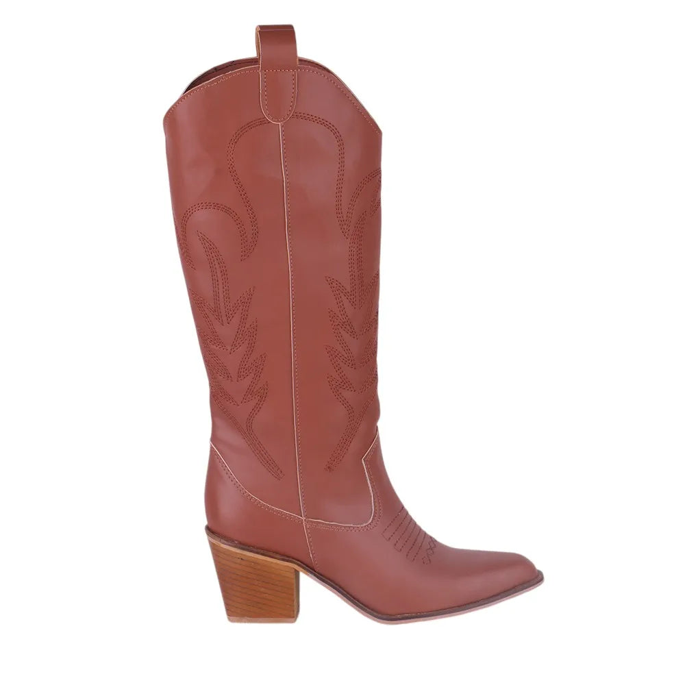 Embroidered Thick Heeled Western Boots