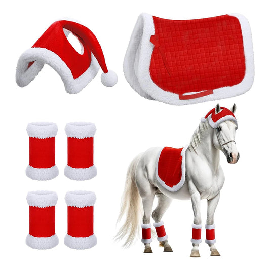 6Pcs Christmas Santa Leg Wraps Horse Hat Saddle Pad Santa Hat Saddle Pads Leg Wraps for Christmas Horse Costume Accessories