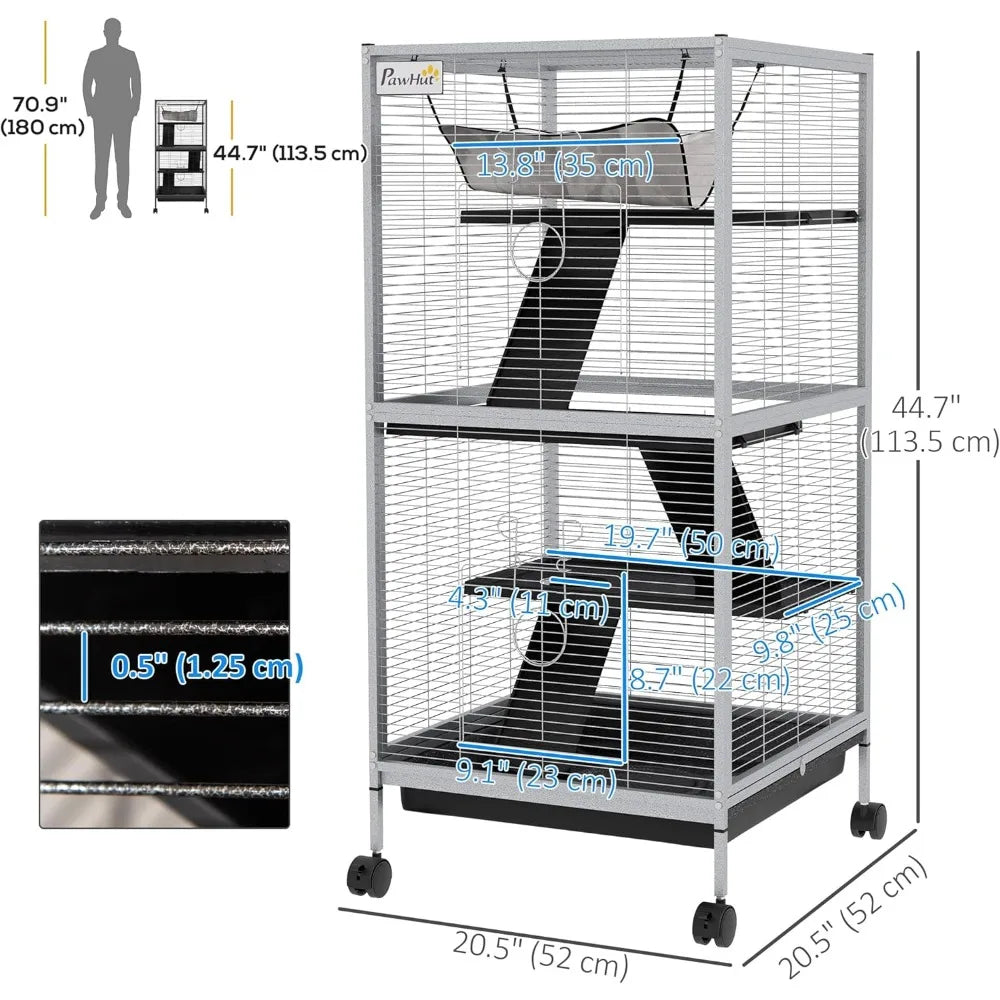 Metal Small Animal Cage Rolling Big Ferret Cage, Chinchilla Cage, Sugar Glider Cage, with Hammock & 4 Tiers, Removable