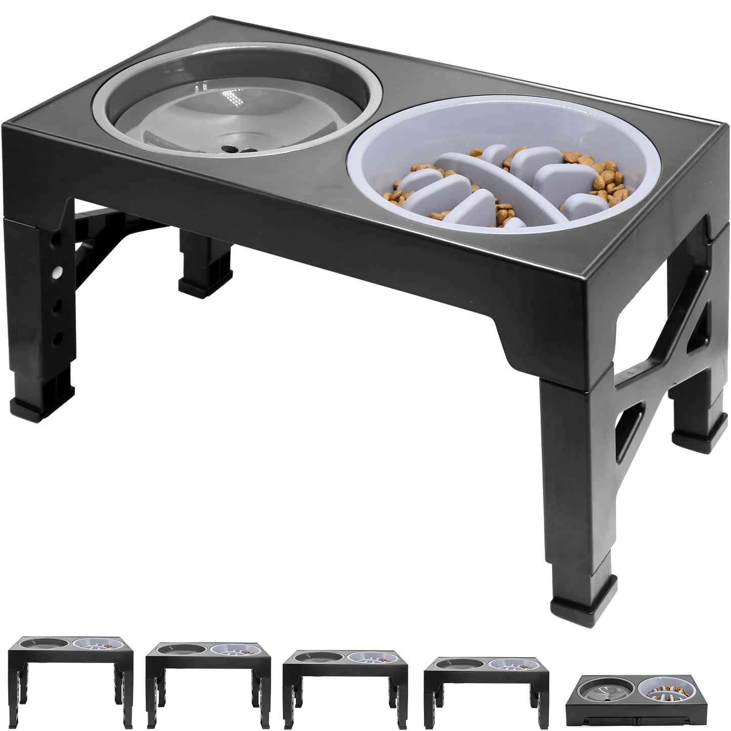 Elevated Slow Feeder Pet Bowl Holder with 5 Height Adjustments for Small, Medium and Large Dogs, Cats and Pets Water Bowls.