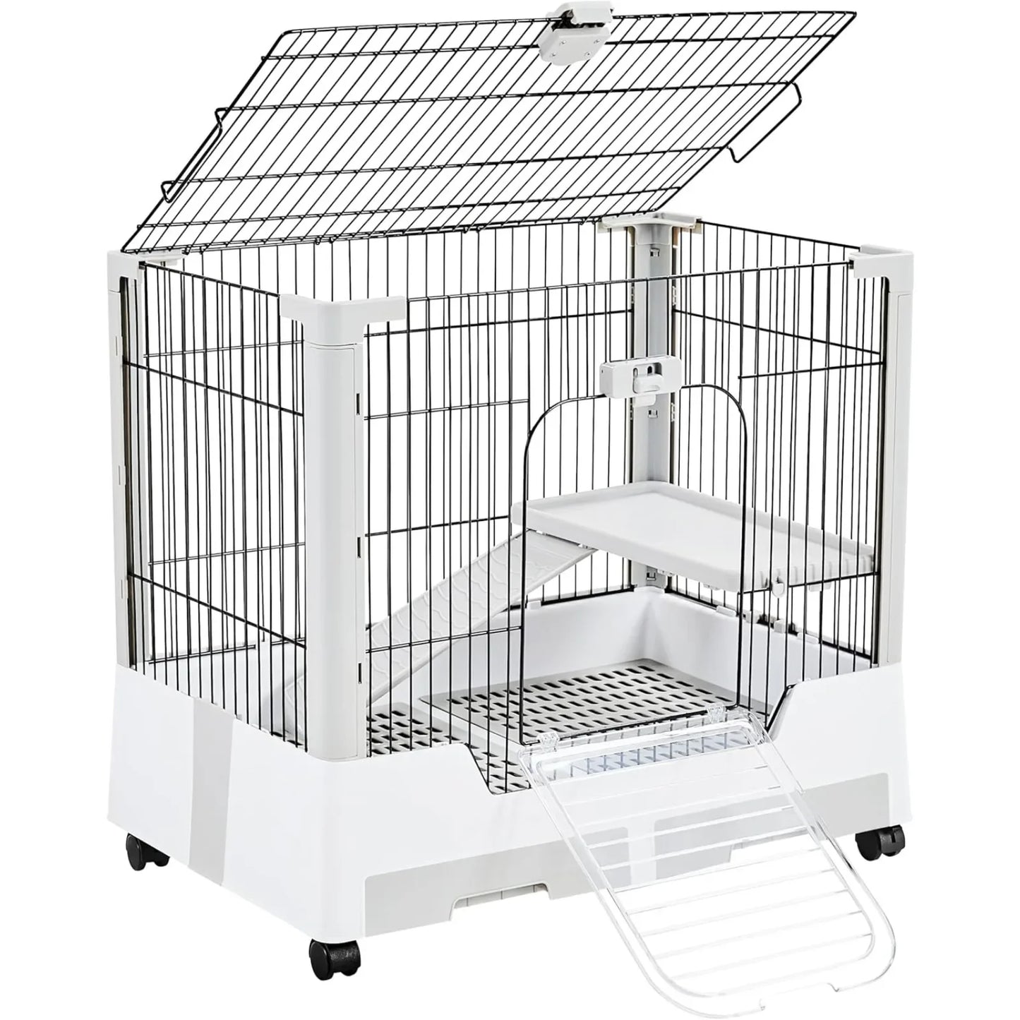 Small Animal Cage 2-Level Open Top, Wheels, Pull-Out Tray