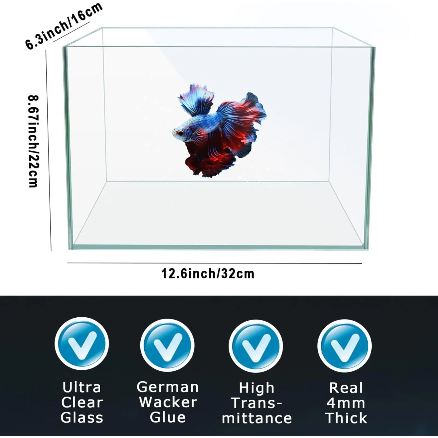 3 Gallon 12.6L Fish Nano Glass Aquarium, With Separator Plate ,LED Light