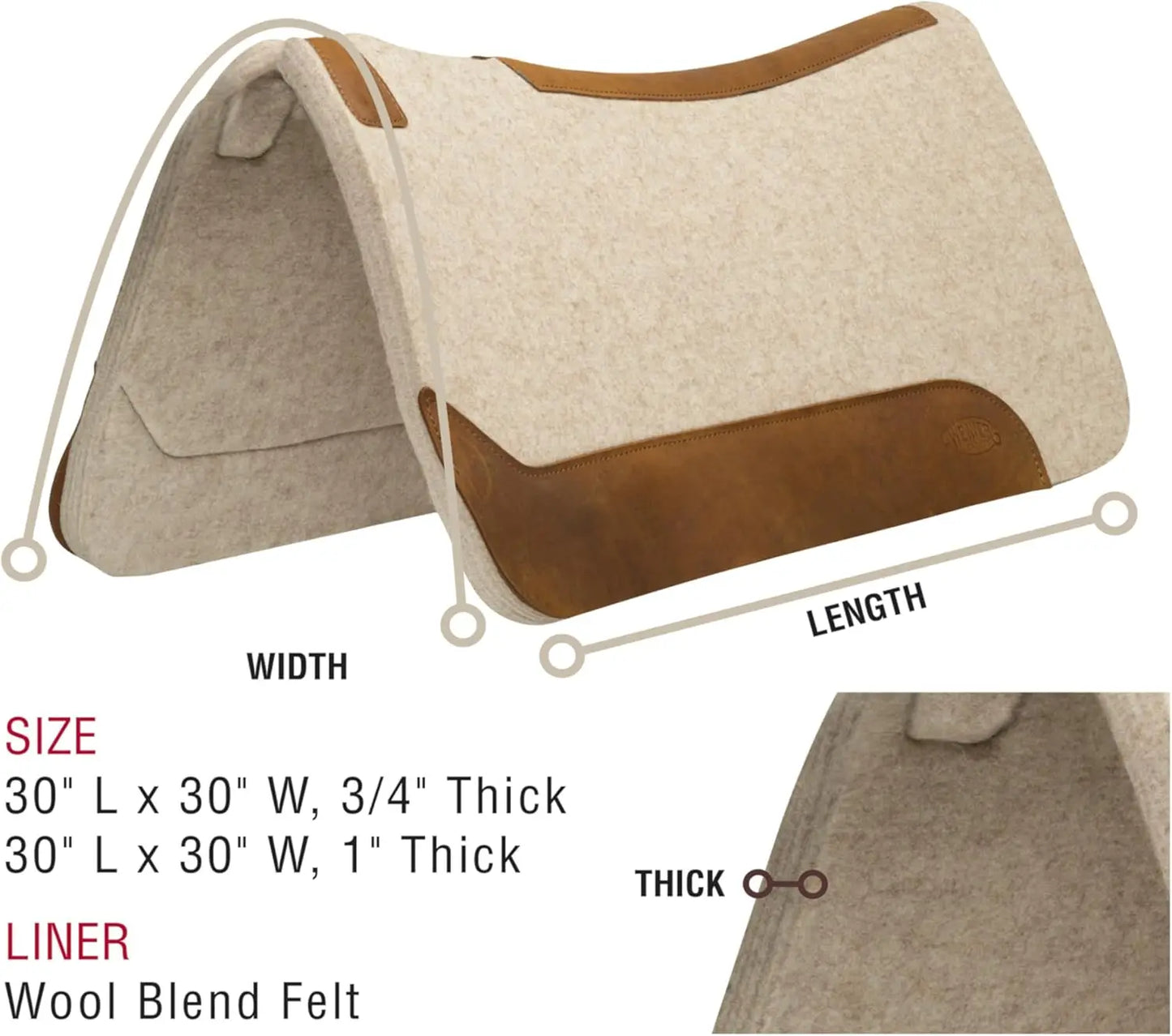 30" x 30" Contoured Western Wool Blend Felt Saddle Pad