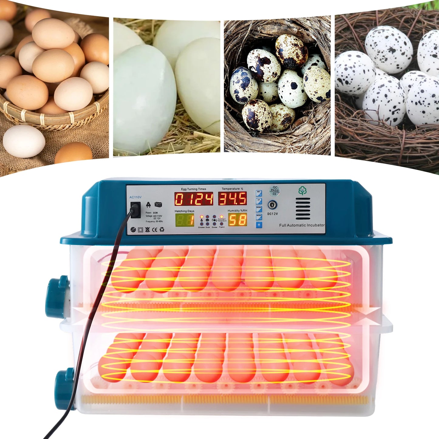 120 Eggs Intelligent Incubator, 360°Automatic Egg Turning & Temperature Control & 5 Incubation Modes