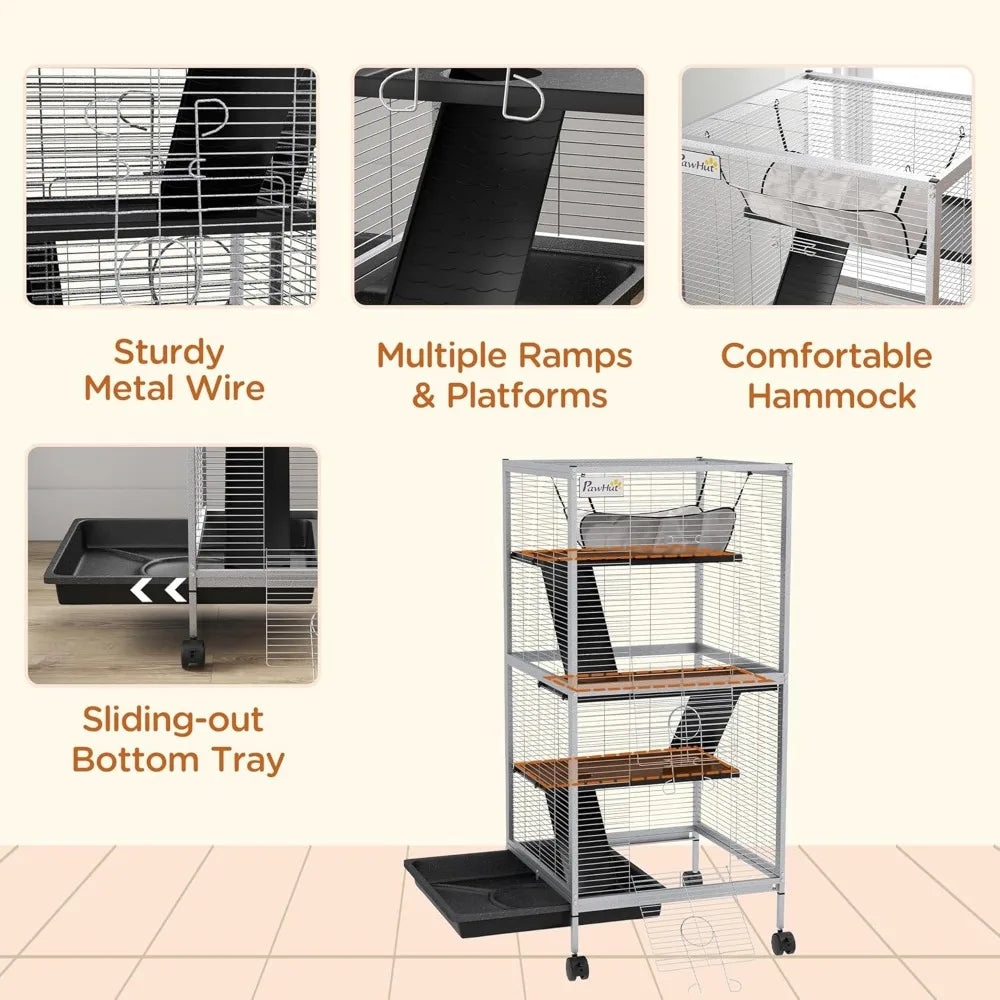 Metal Small Animal Cage Rolling Big Ferret Cage, Chinchilla Cage, Sugar Glider Cage, with Hammock & 4 Tiers, Removable