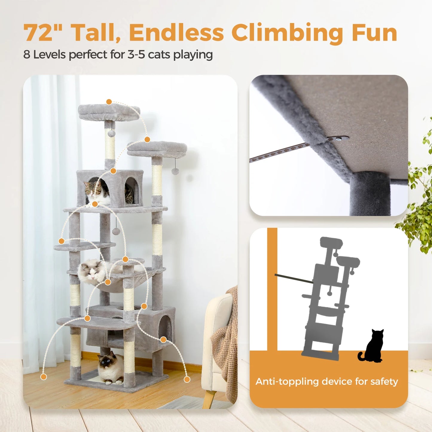 184cm Large Cat Tree And Tower For Indoor Cats With Scratching Posts And Hammock