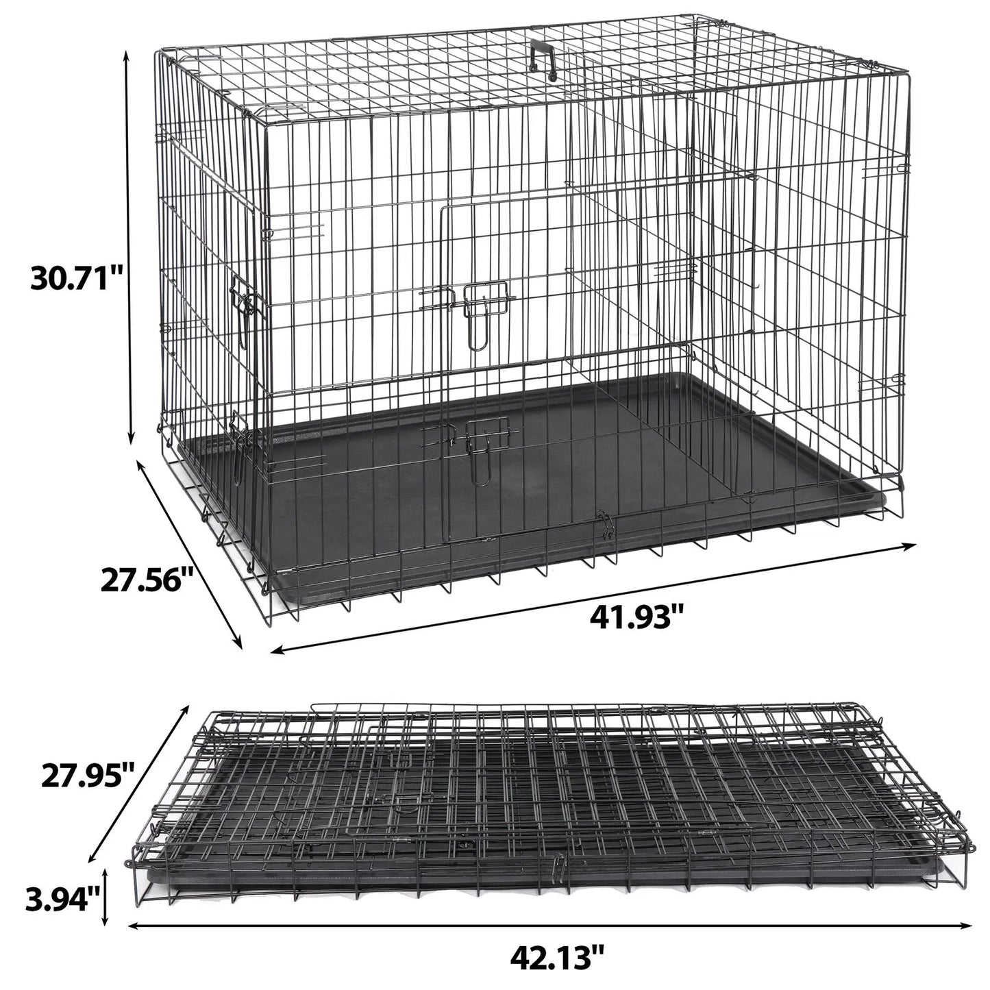 US Metal Pet Crate 2 Door with Pan, Black, 30 ", 36", 42"