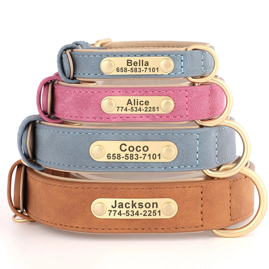 Soft Padded Personalized PU Leather Dog Collar With Free Engraved ID Tag