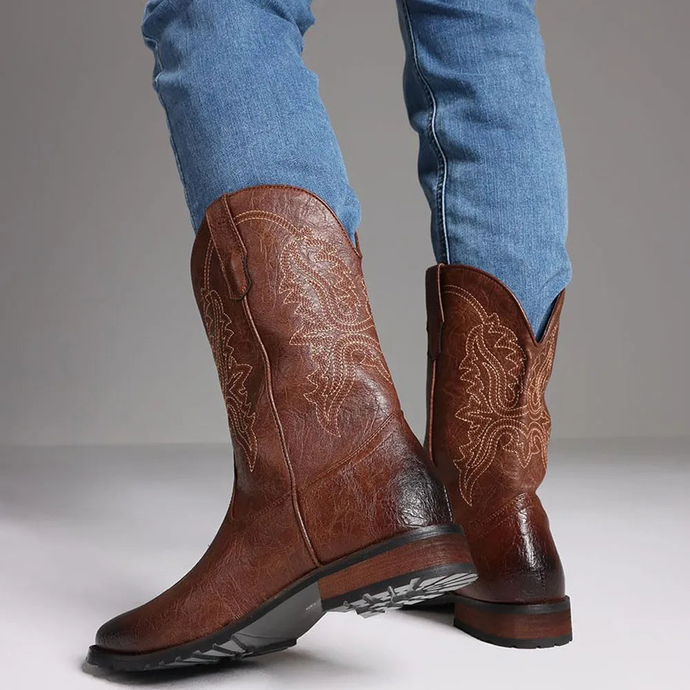 Fashion Retro Square Toe Cowboy Boots Luxury Embroidered