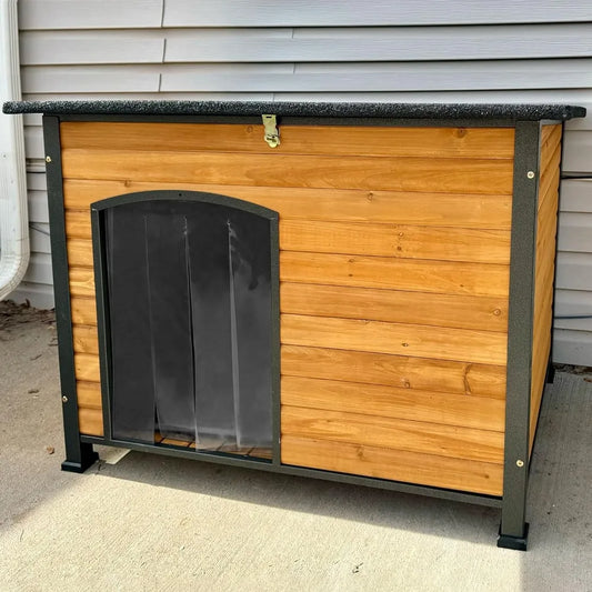 Insulated Outdoor Dog House with Liner Wooden Dog Kennel All-Around Iron Frame Waterproof