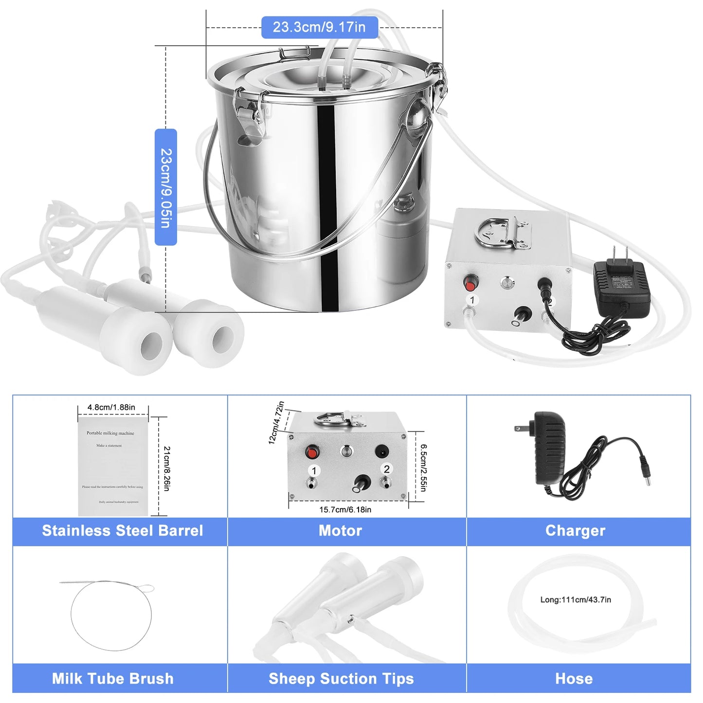 9L Cow Goat Milking Machine Electric Vacuum Pulsation Pump Milker