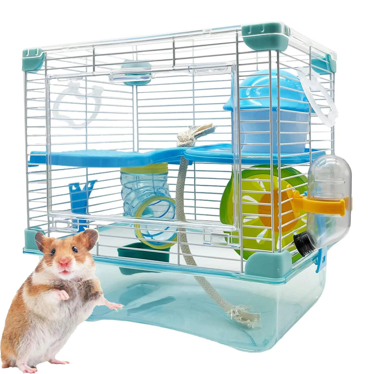 2 Layer Small Animal Cage With Tubes, Water Bottle, Food Dish, Exercise Wheel