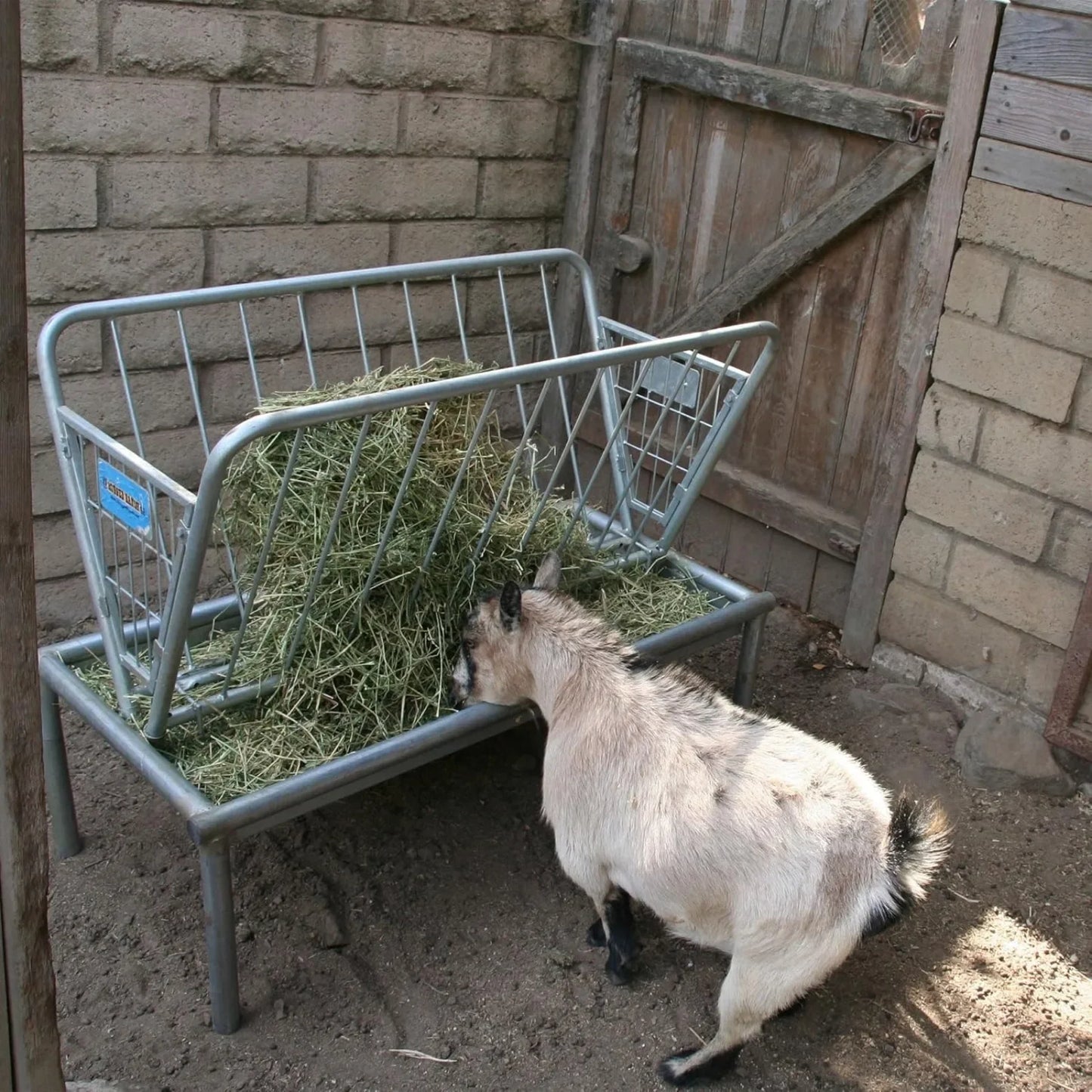 US 4 Foot Long Outdoor Heavy Duty Mini Galvanized Steel Pasture Hay Feeder for Goats, Sheep, and Miniature Horses, Silver