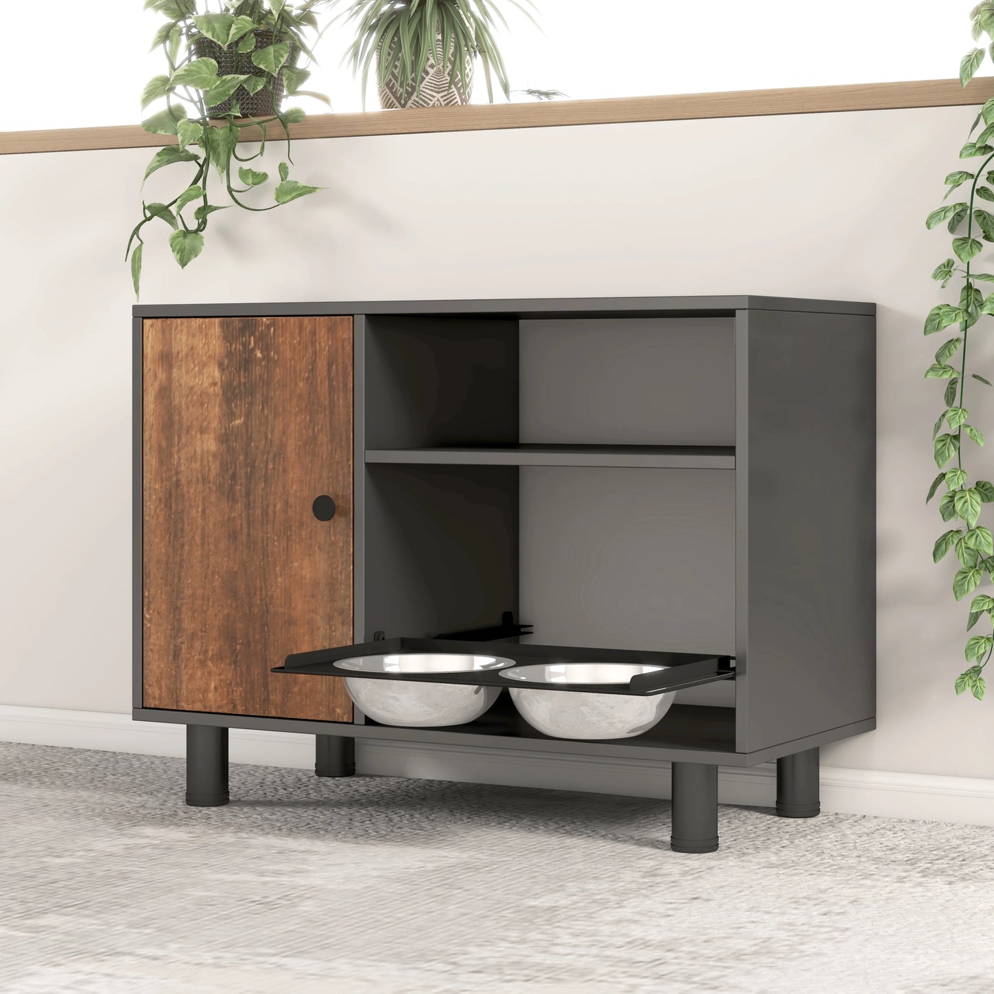 Large Pet Feeding and Storage Cabinet with Stainless Steel Bowls