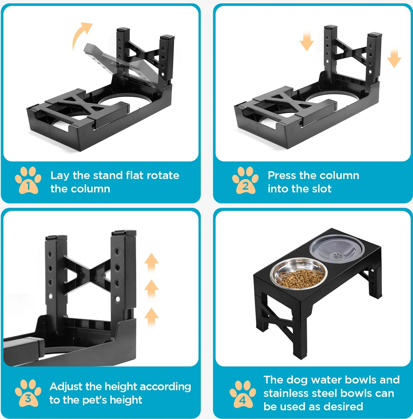 5 Adjustable Heights Raised Dog Bowl Stand with 1 Stainless Steel Food & Dog Water Bowl, Dog Bowls for Large Dogs& Cats (Black)