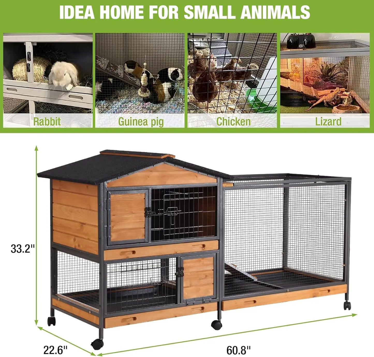 Indoor/Outdoor Rabbit Hutch With Wheels For Large Guinea Pig, Small Animals