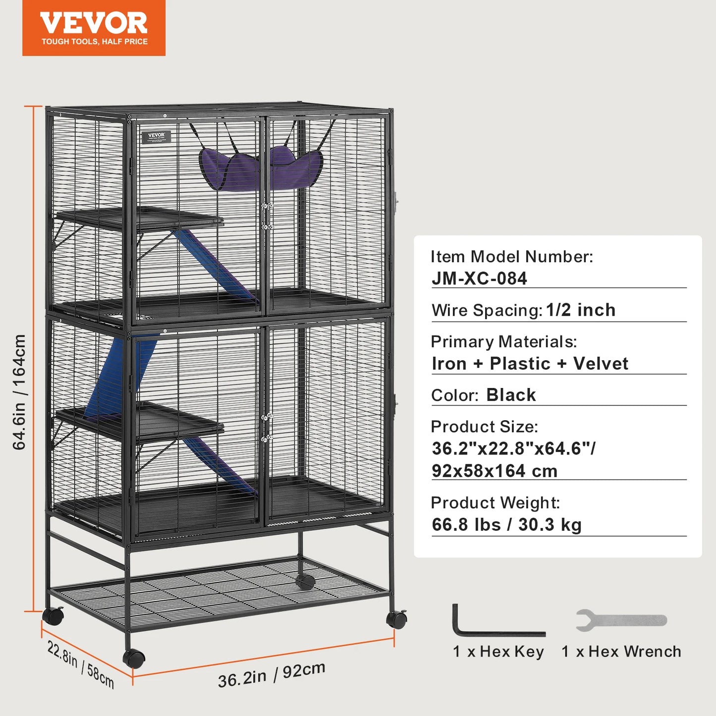 64.6" Rolling Metal Small Animal Cage For Pet Rats Hamster Guinea Pig Ferret Chinchilla