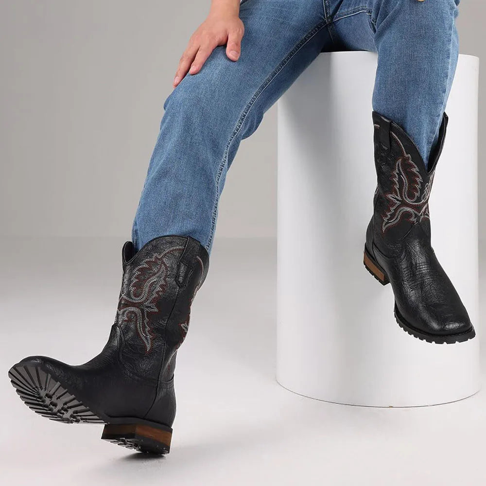 Fashion Retro Square Toe Cowboy Boots Luxury Embroidered