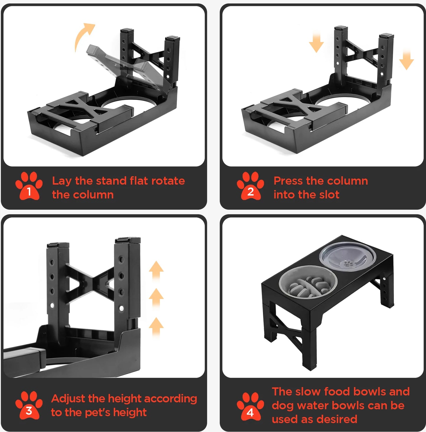 Elevated Slow Feeder Pet Bowl Holder with 5 Height Adjustments for Small, Medium and Large Dogs, Cats and Pets Water Bowls.